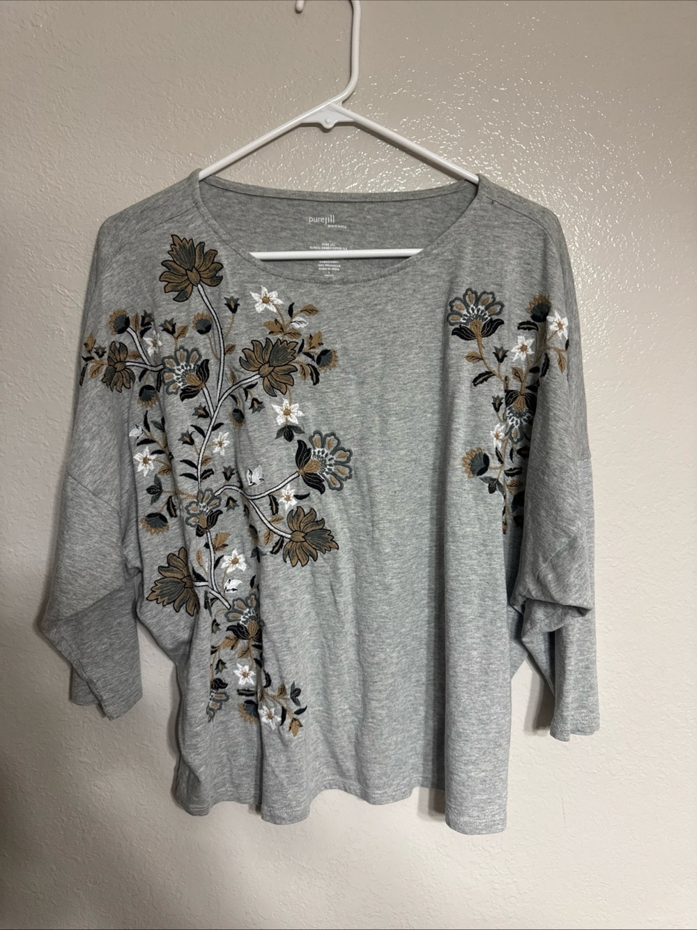 Pure Jill Gray Embroidered Floral Relaxed Blouse